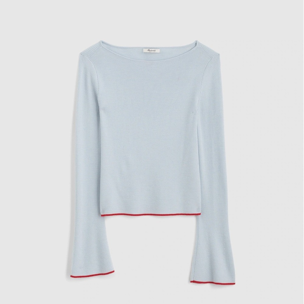 NWT Madewell Flared-Sleeve Boatneck Sweater Merino Wool-Silk Blend Blue Red XL - Picture 3 of 10